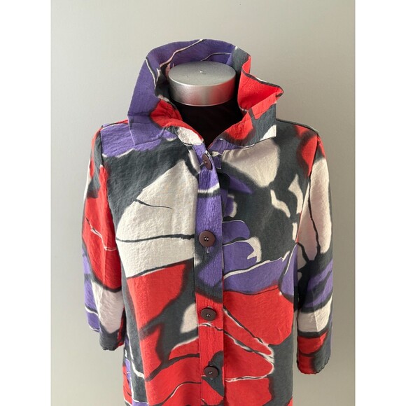 Yushi Tunic Top Size S Red Gray Lagenlook Flowy Artsy Wire Collar Lightweight - Picture 4 of 16